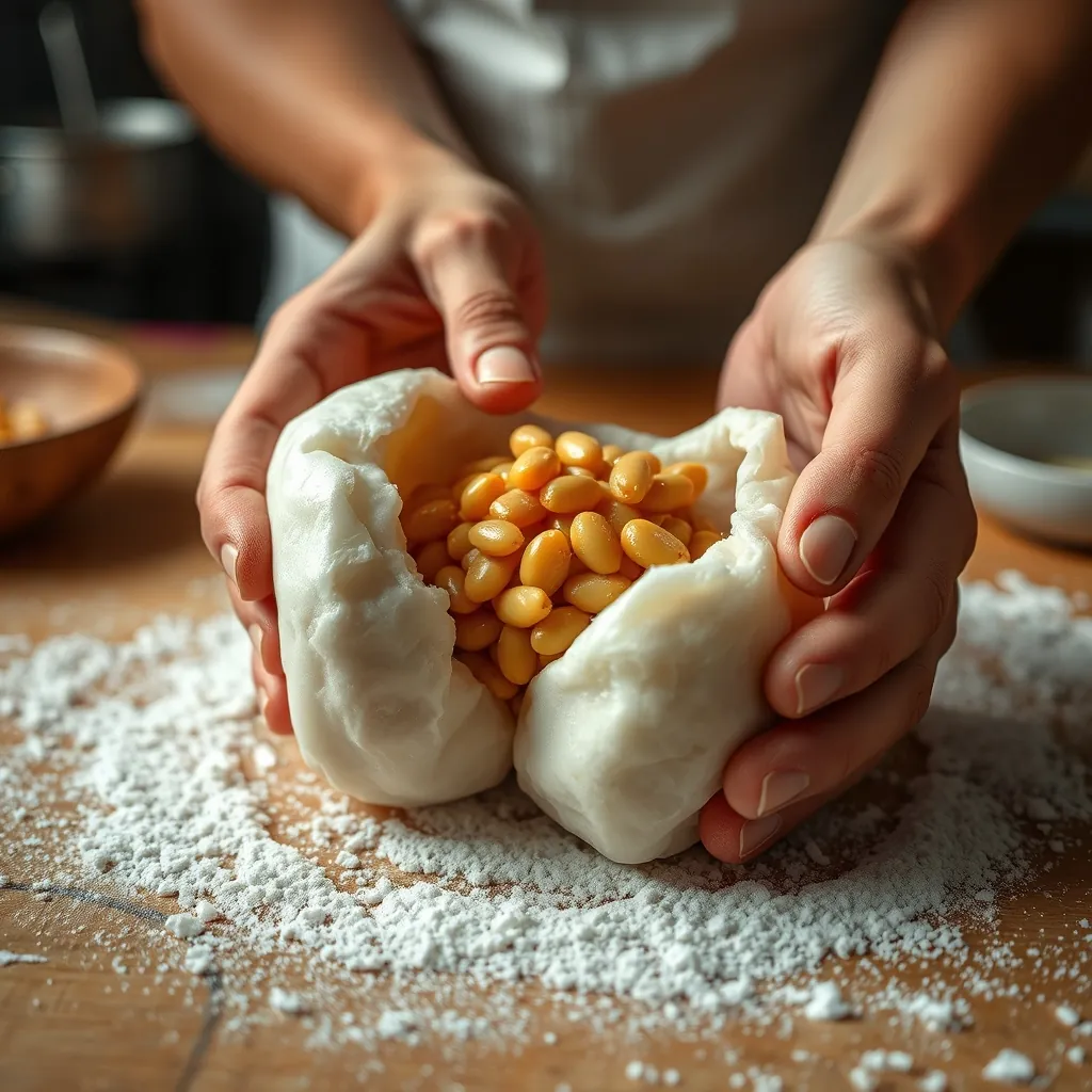 Công đoạn gói nhân đậu xanh vào vỏ bánh Golden mung bean