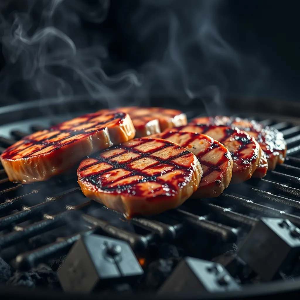 Chả băm và chả miếng đang được nướng trên than hoa, bề mặt vàng óng hấp dẫn Grilled pork patties