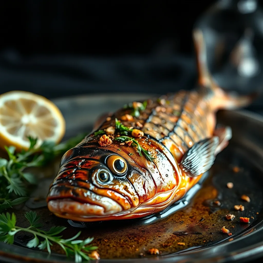 Cá lóc nướng trui với gia vị và rau thơm Grilled snakehead fish
