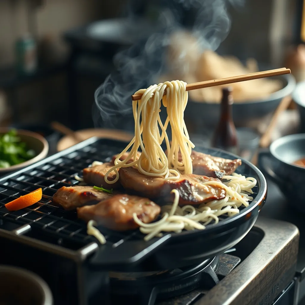 Nướng thịt heo và chuẩn bị bún Grilling pork preparing