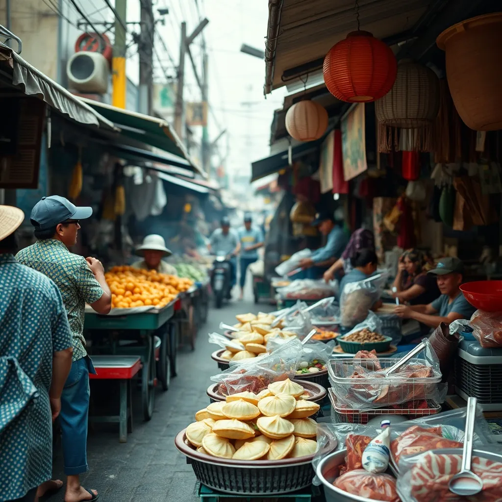 Group of locals gathered around a table, enjoying a meal of Bánh xèo and other traditional dishes