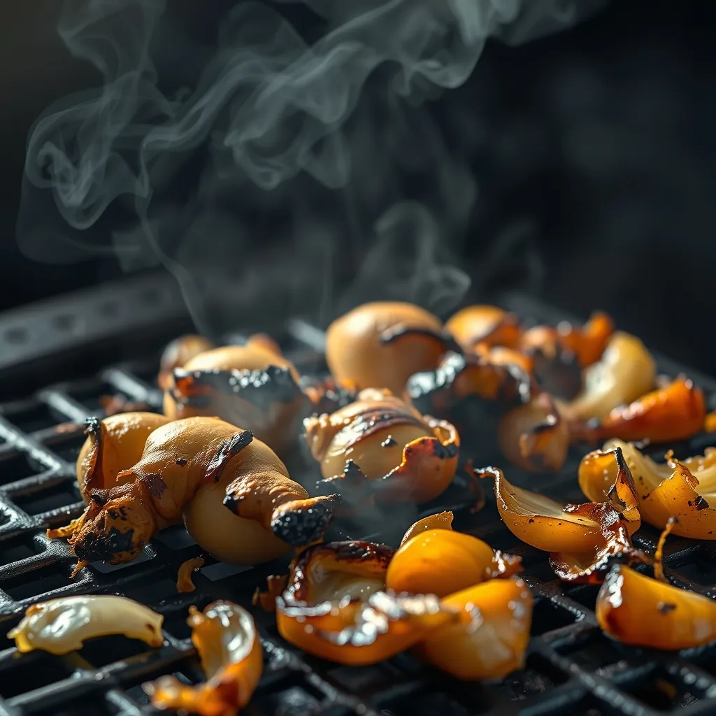 Gừng và hành nướng cháy xém trên bếp than, tỏa khói thơm đặc trưng cho nước dùng phở gà
