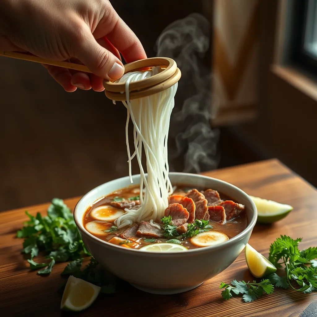 Chần bánh phở đúng kỹ thuật giúp sợi phở mềm dai, không nát Hand holding bamboo