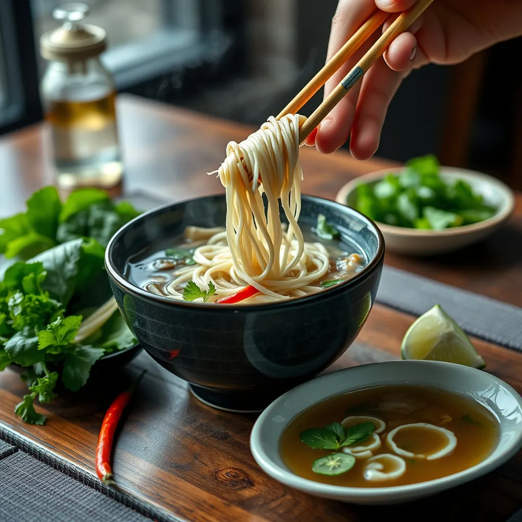 Thưởng thức phở bò Nam Định trọn vị với đầy đủ rau sống và gia vị ăn kèm Hands holding chopsticks