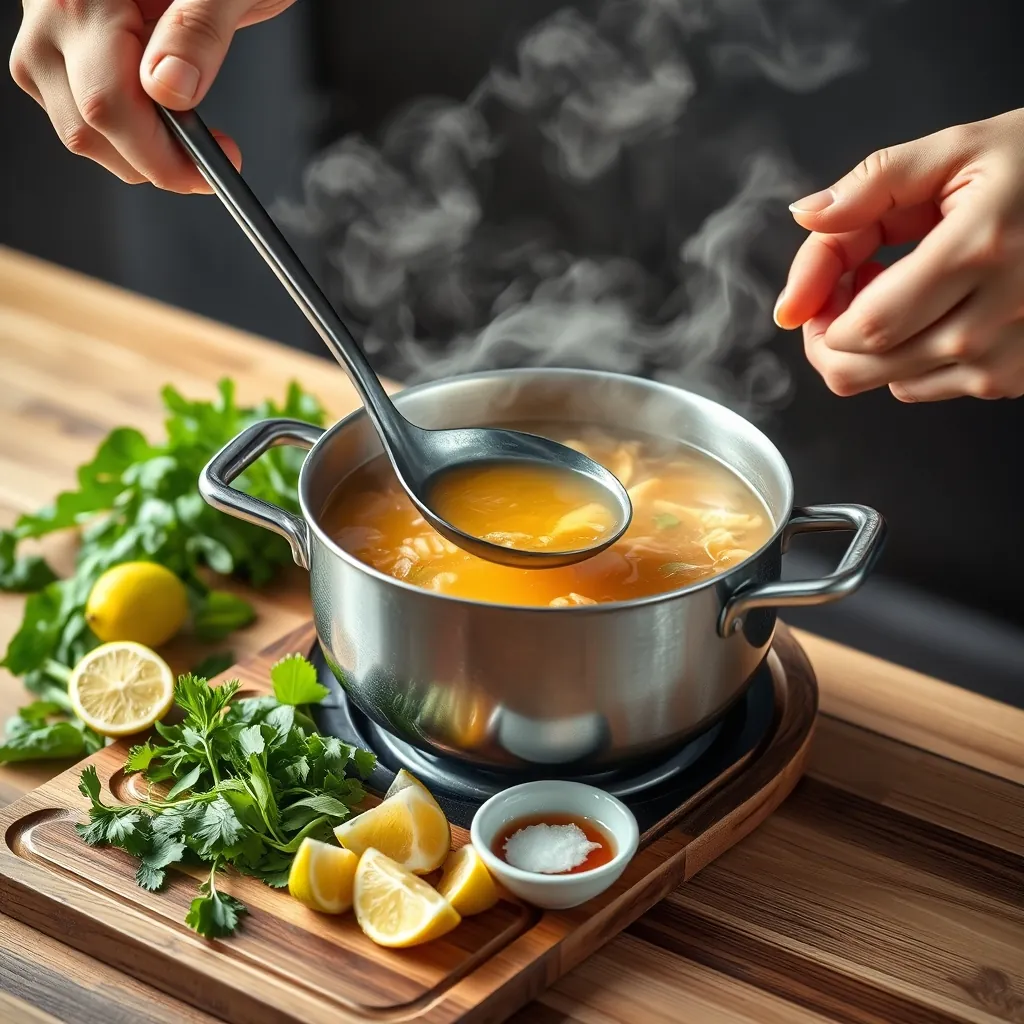 Close-up of hands holding a ladle over a steaming pot of golden pho broth, fresh herbs and lime wedges arranged on a wooden board nearby, a small bowl of fish sauce and sugar within reach, steam rising from the pot Hands holding ladle