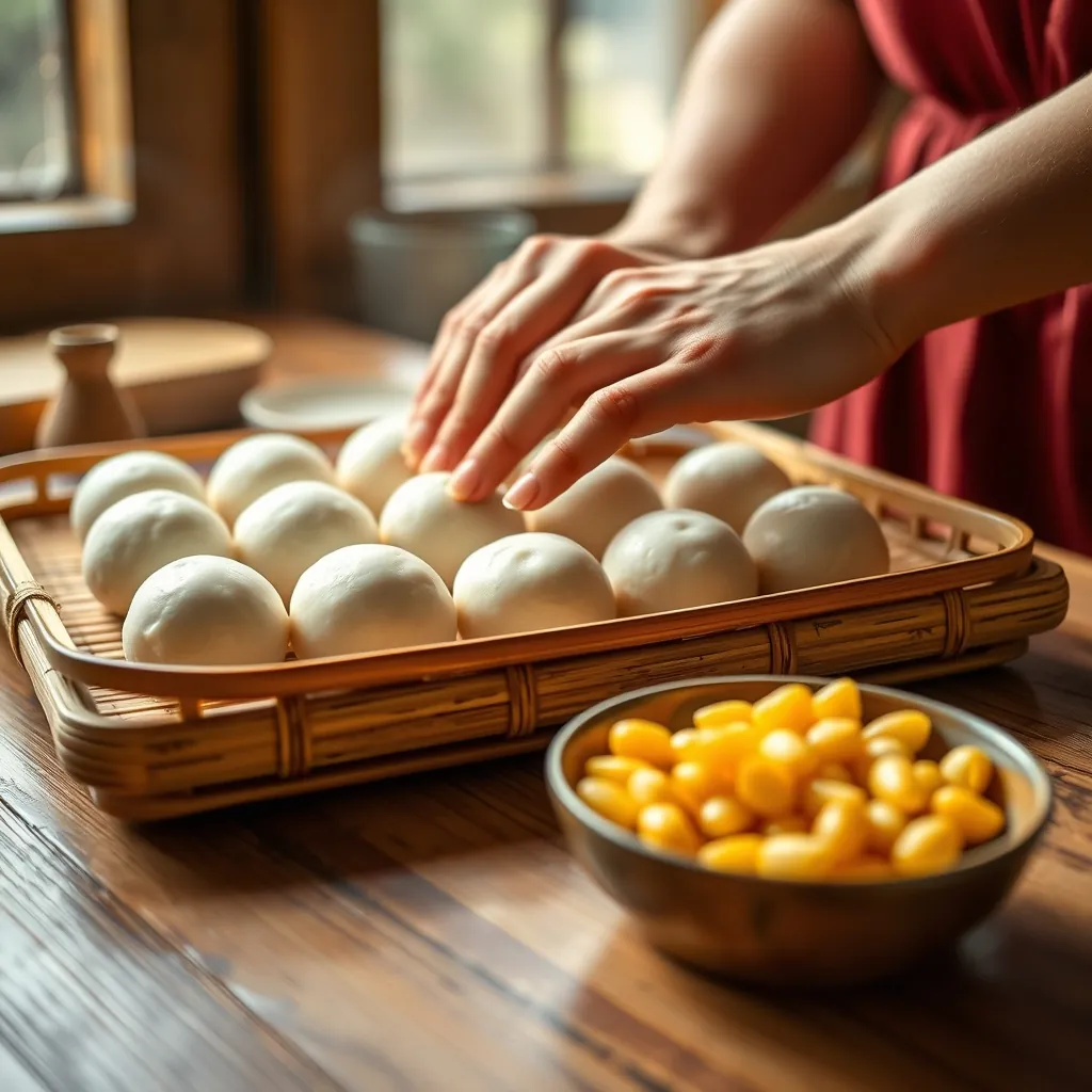 Nhào nặn những viên bánh tròn đều từ bột nếp Hands rolling smooth
