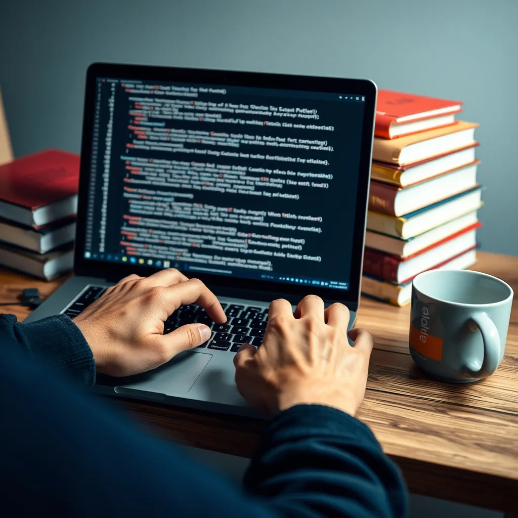 Close-up of hands typing on a laptop keyboard with clean, readable Python code displayed on the screen, next to a stack of programming books and a coffee mug Hands typing laptop