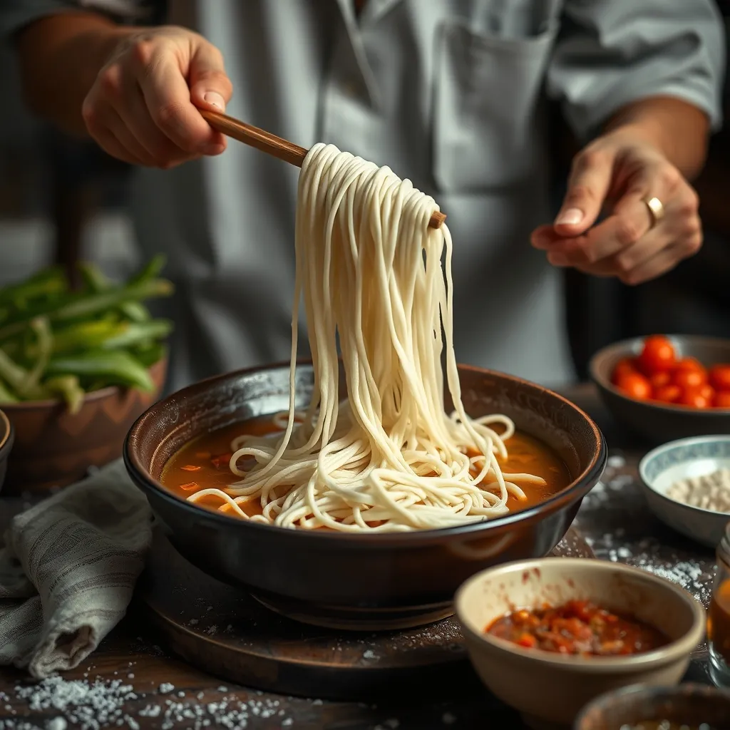 Preparing rice noodles for hanoi beef pho, showcasing rice flour dough being rolled and cut into thin noodles | chuẩn bị bánh phở cho phở bò hà nội, trình bày bột gạo đang được cán và cắt thành sợi mỏng. Hanoi beef pho