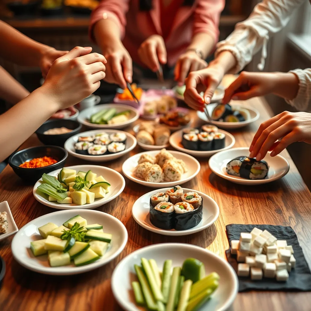 好きな具材を選んで自分で巻く手巻き寿司パーティーの様子。アボカドや豆腐、彩り野菜が小皿に並び、楽しい雰囲気が伝わってくる