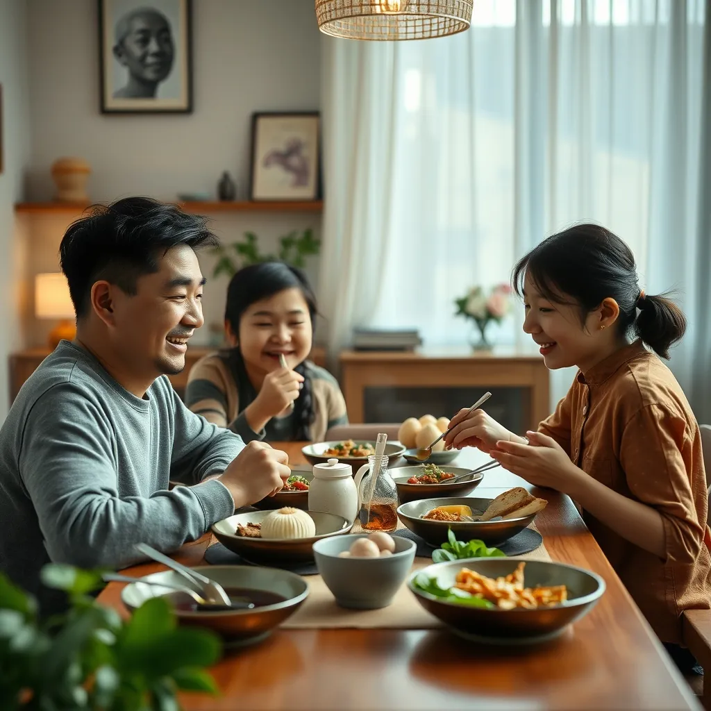 Gia đình quây quần thưởng thức bún chả tự làm tại nhà Happy family enjoying