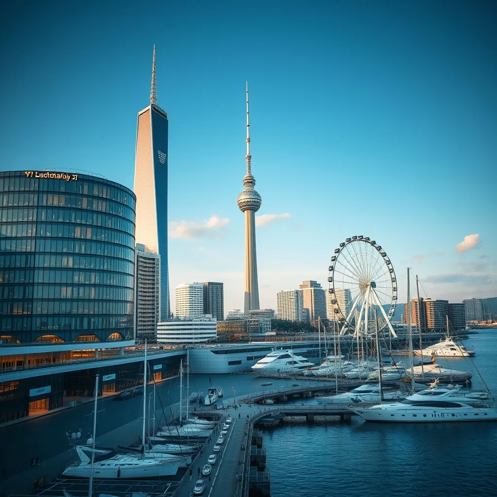 横浜・みなとみらいのウォーターフロントとランドマークタワー