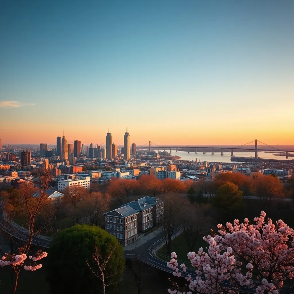 横浜の夕暮れ時、ベイブリッジと桜の絶景