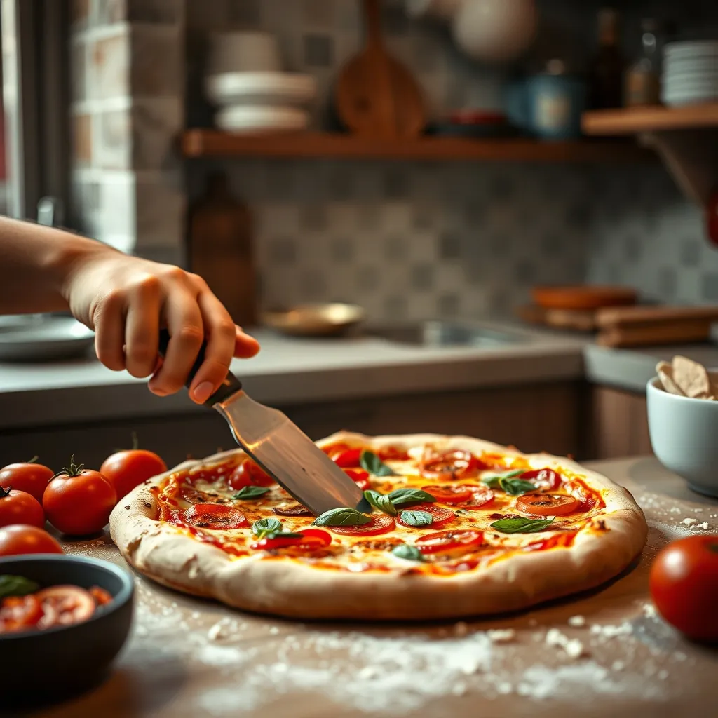 Home kitchen setup with fresh ingredients and baking tools ready for pizza making. Home kitchen setup with fresh ingredients and baking tools ready for pizza making.