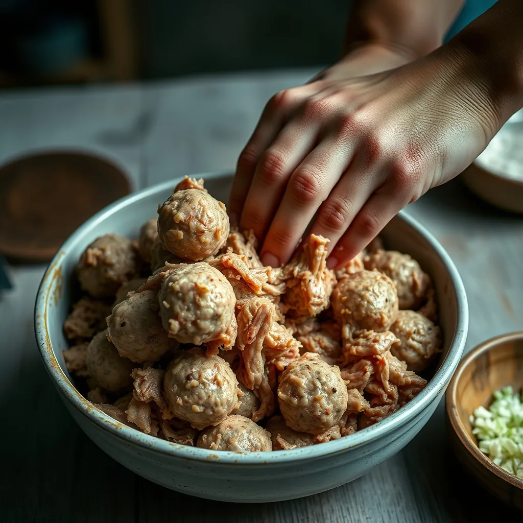 Hỗn hợp thịt chả viên đang được quết mạnh trong âu, gia vị hành tiêu hòa quyện tạo độ kết dính đặc trưng
