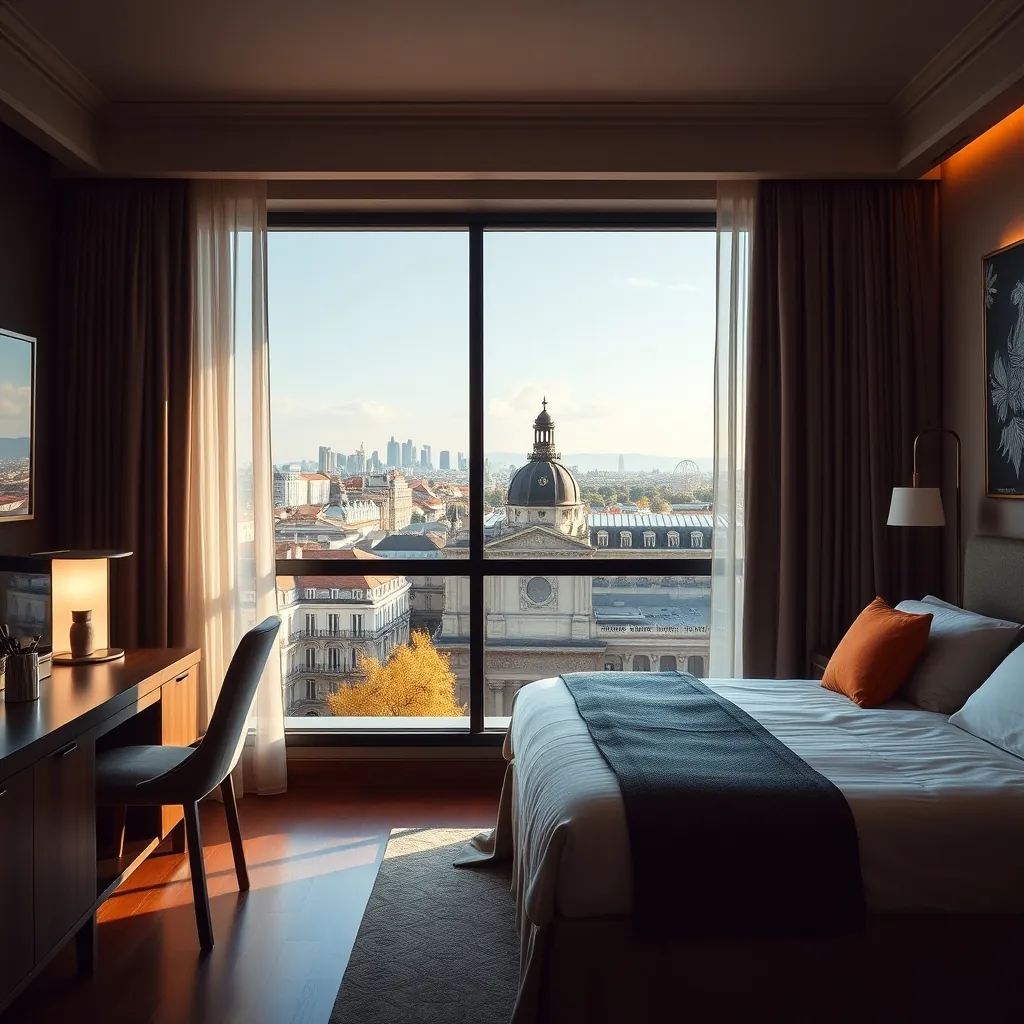 Una habitación de hotel acogedora con vista al horizonte de Madrid