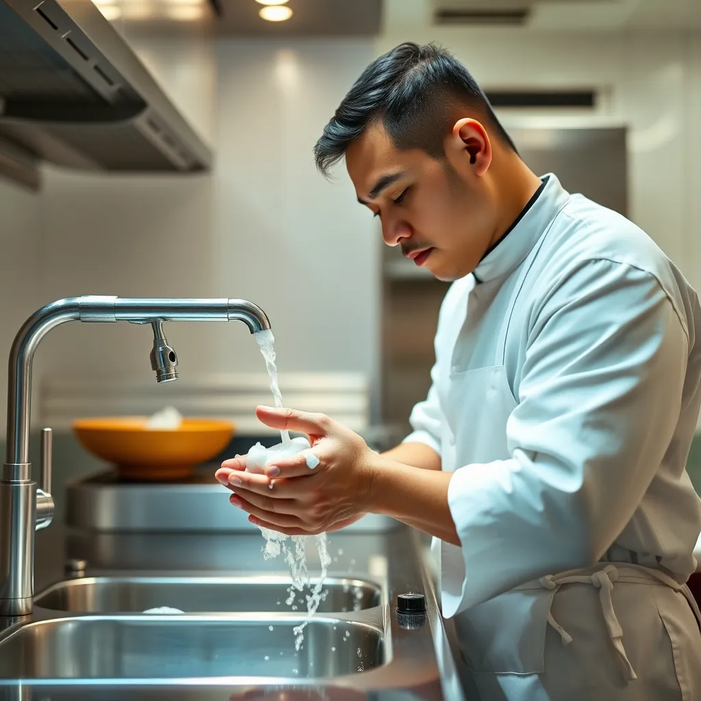プロの料理人が丁寧に手を洗う姿。衛生的な厨房で、食中毒を防ぐ基本の習慣を徹底する プロの料理人が丁寧に手を洗う姿。衛生的な厨房で、食中毒を防ぐ基本の習慣を徹底する