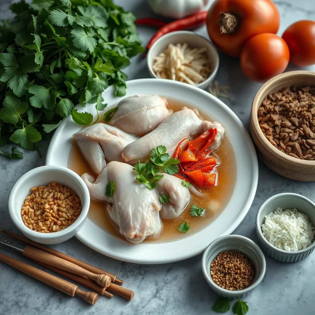 Ingredients for making traditional hanoi chicken pho, including fresh chicken, herbs, and spices | nguyên liệu làm phở gà truyền thống hà nội, bao gồm gà tươi, rau thơm và gia vị Ingredients making traditional