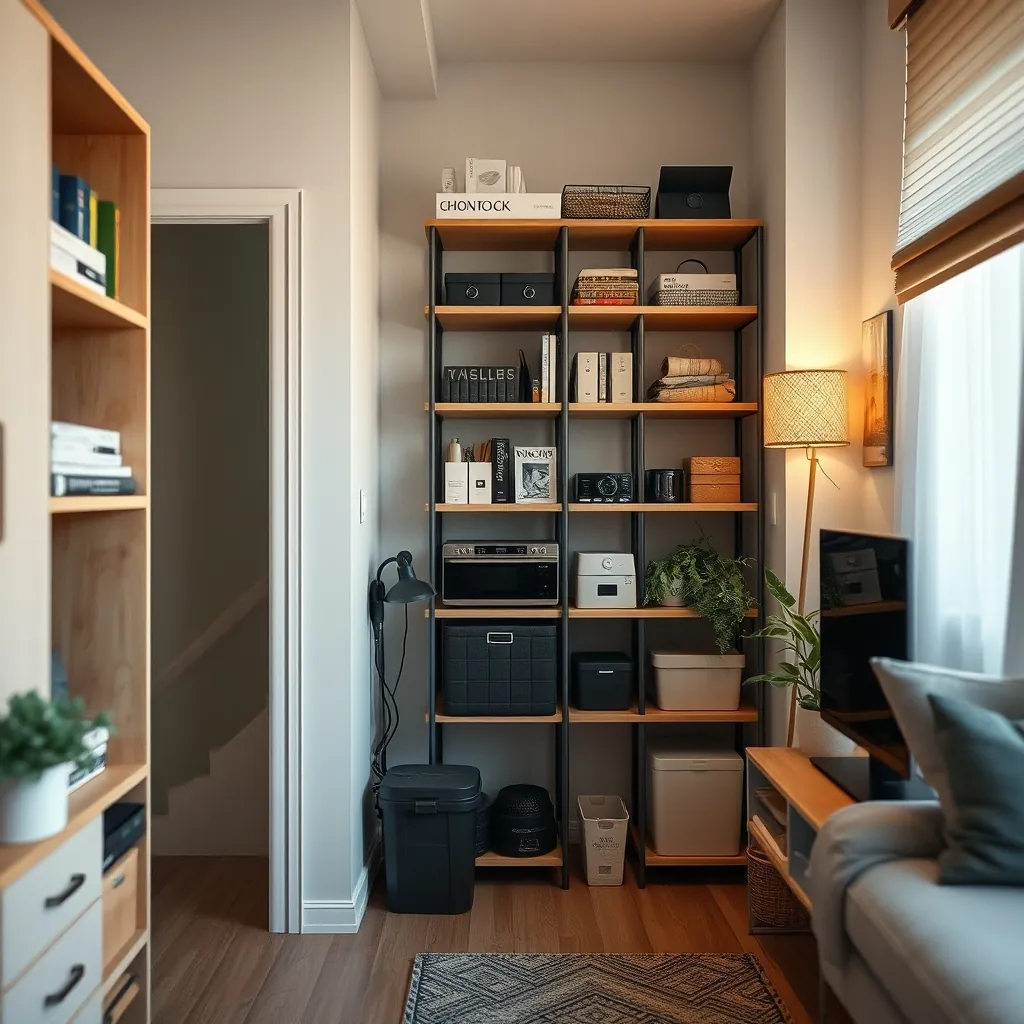 Innovative storage solutions in a small apartment, showcasing vertical space utilization Innovative storage solutions