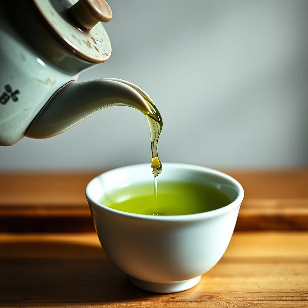 急須から茶碗に注がれる日本茶、最後の一滴が落ちる瞬間