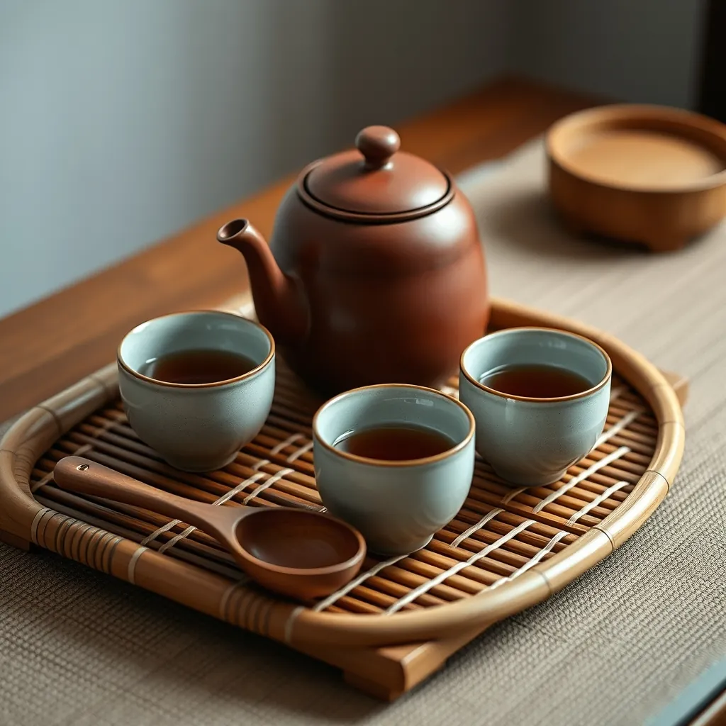 急須と茶碗、茶杓を並べた伝統的な茶器セット