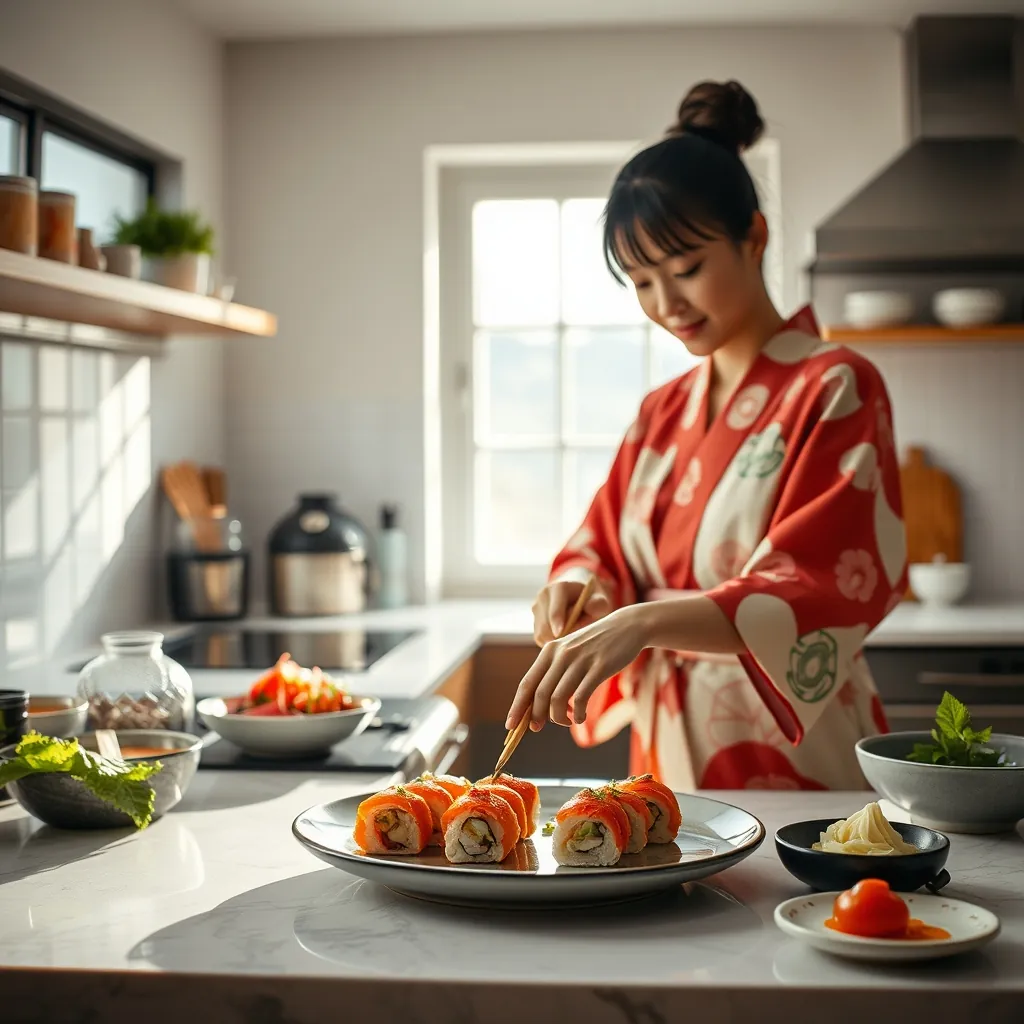 家庭で楽しむ寿司作りのひとコマ。盛り付けのコツを押さえて、特別な時間を演出する 家庭で楽しむ寿司作りのひとコマ。盛り付けのコツを押さえて、特別な時間を演出する
