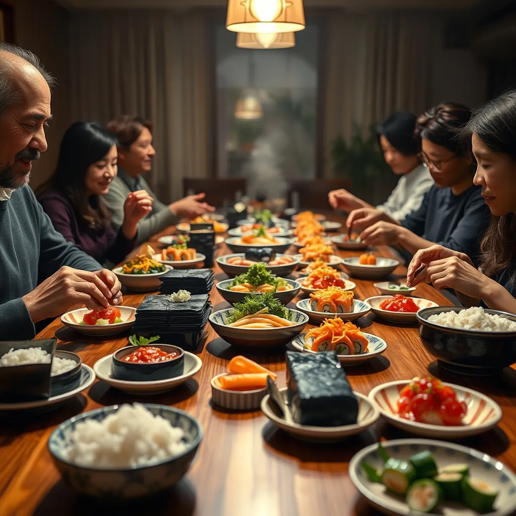 家族や友人と楽しむ手巻きずしパーティーの様子をとらえた一枚
