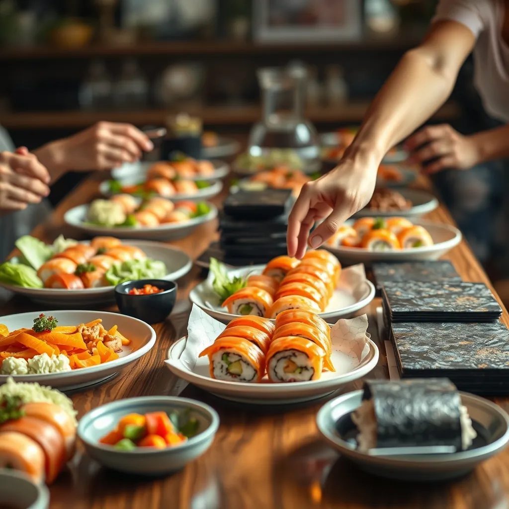 家族や友人と囲む手巻き寿司パーティーの華やかな食卓風景