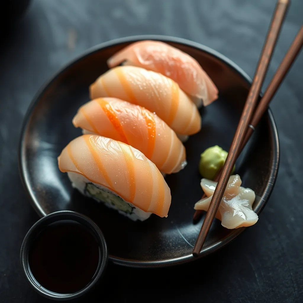 醤油、わさび、ガリを添えた寿司の一皿