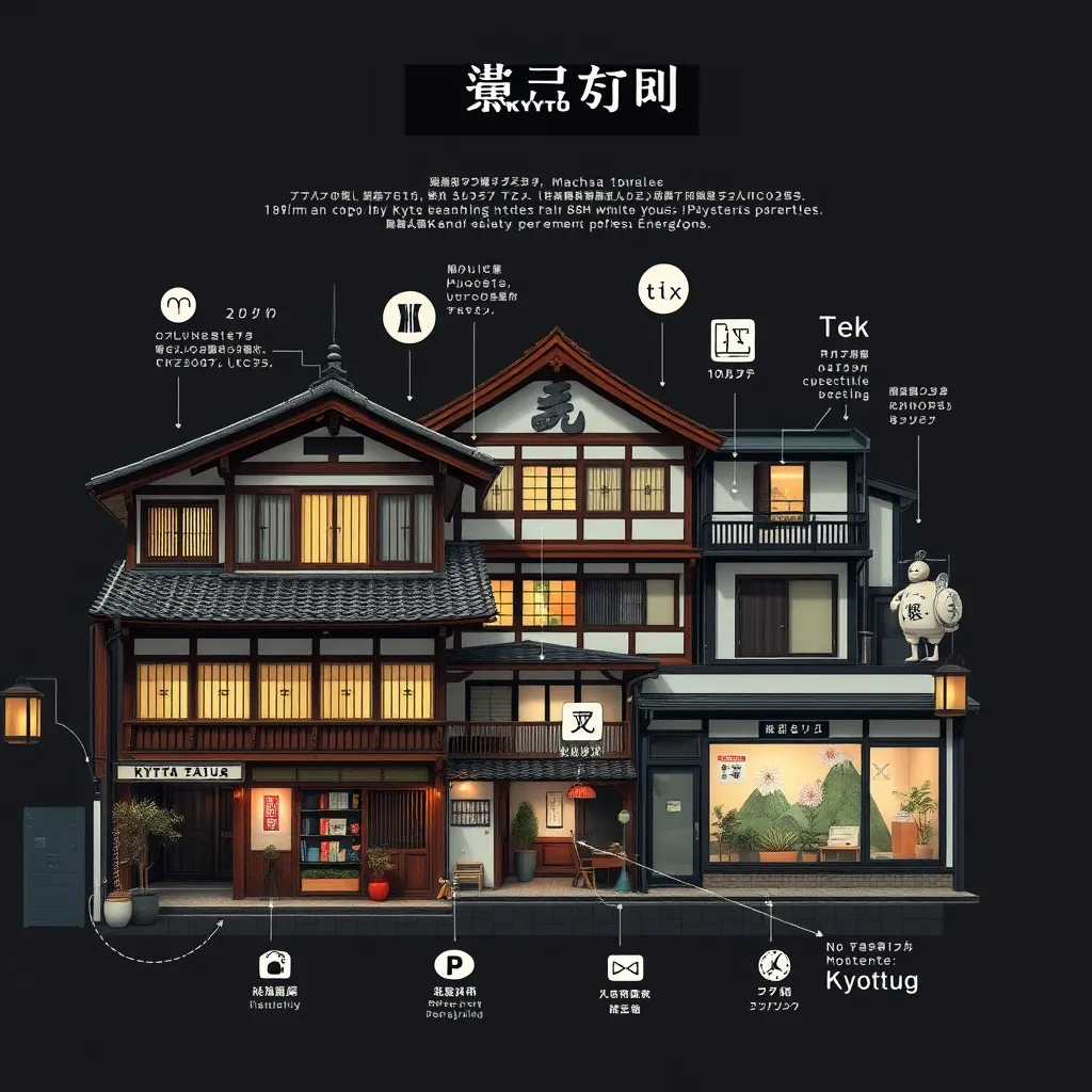 京都の伝統的な町屋と現代的なオフィスビルの共存を示すインフォグラフィック 京都の伝統的な町屋と現代的なオフィスビルの共存を示すインフォグラフィック