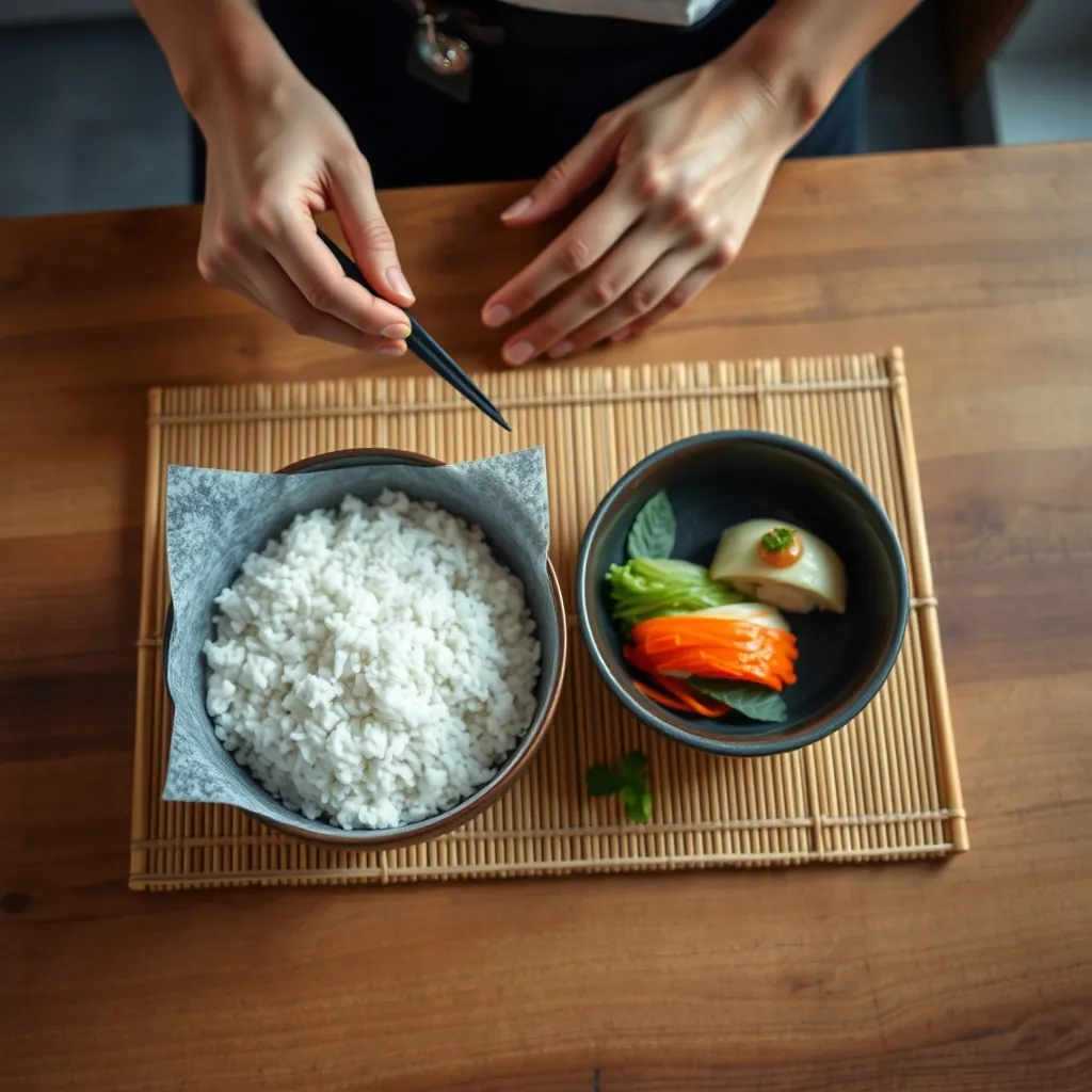 巻き簾の上に海苔を置き、寿司飯を均一に広げる基本の作業。ここが美しい巻き寿司への第一歩