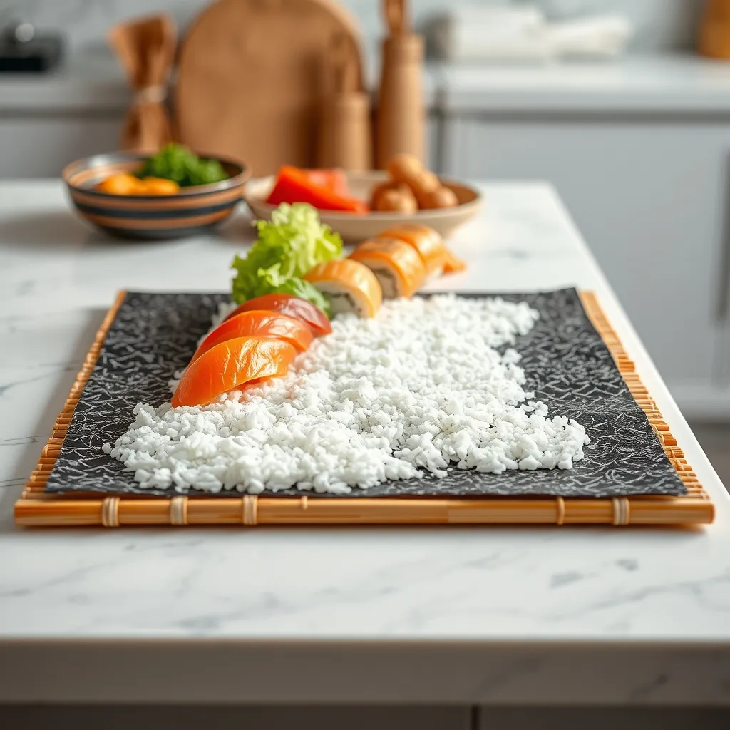 巻き簾の上に海苔と寿司飯を敷き、中央に具材を並べた巻き寿司作りの準備風景