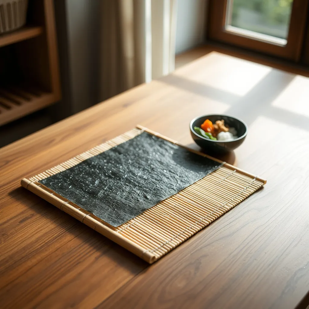 巻き簾の上に海苔を置き、寿司飯と具材を準備した作業台
