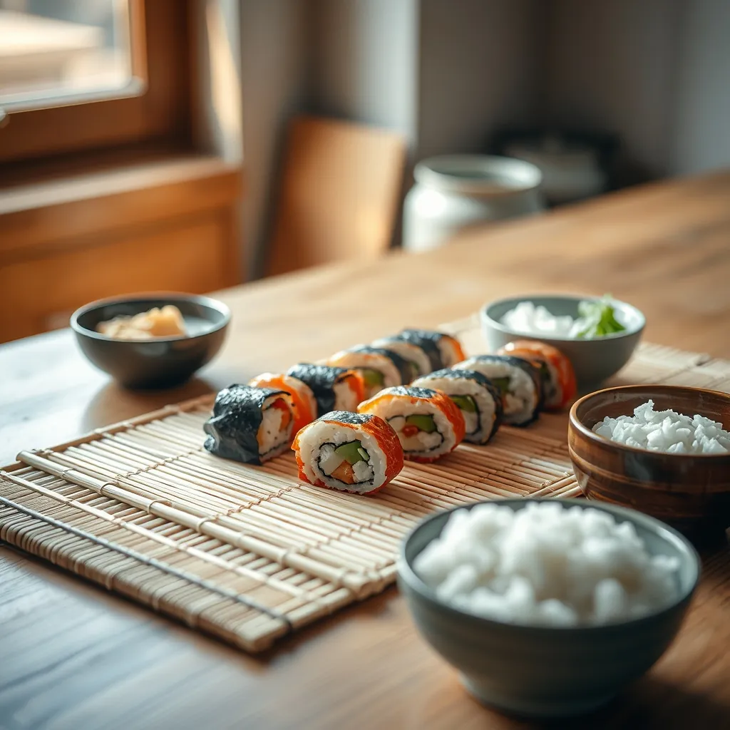 巻き簾と寿司材料の準備風景