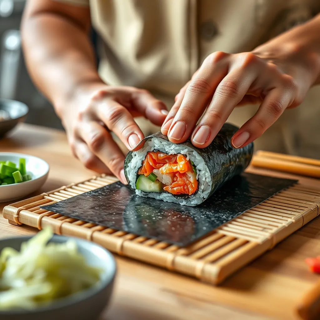 巻き簾を使って、具材をしっかり包み込む