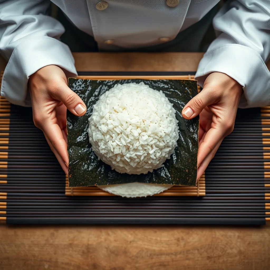 ご飯を広げた海苔を、一気にひっくり返す工程。ご飯を下に、海苔を上にすることで、裏巻きの準備が整う