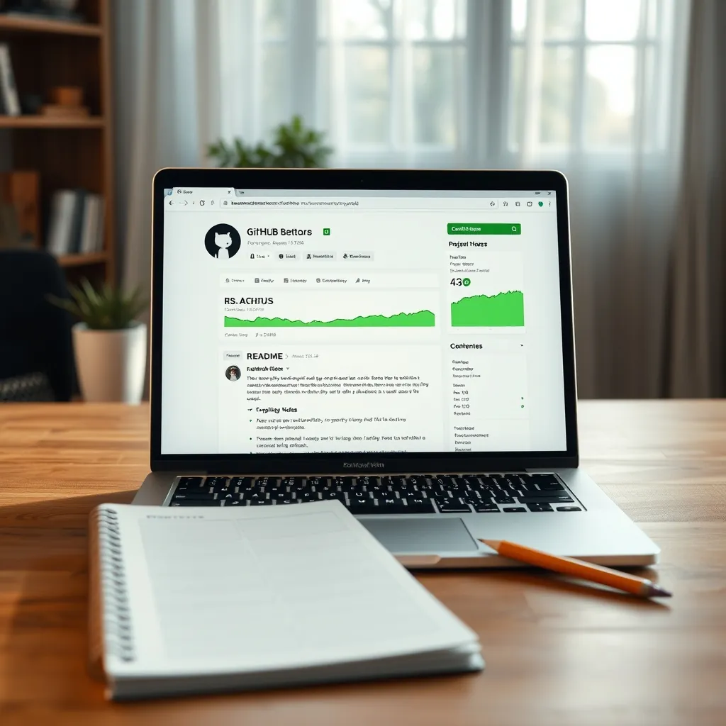 Laptop displaying a GitHub profile with green contribution graph and a detailed project README, with a notebook and pencil beside it on a wooden desk Laptop displaying github