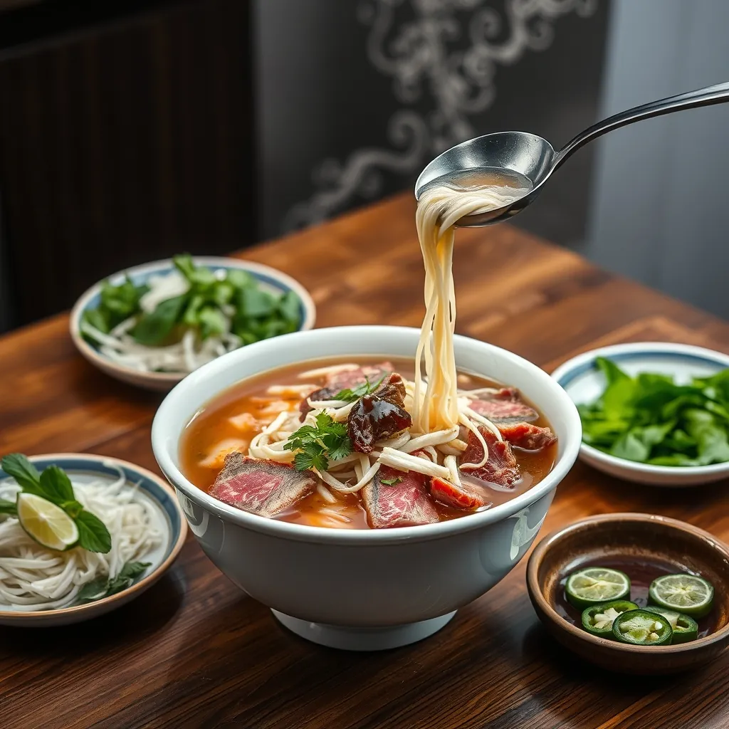 Large ceramic pho bowl filled with rice noodles topped with raw beef slices and shredded chicken, steam rising as broth is poured from a ladle, with side plates of bean sprouts, Thai basil, lime wedges, and sliced jalapeños arranged on a wooden table Large ceramic pho