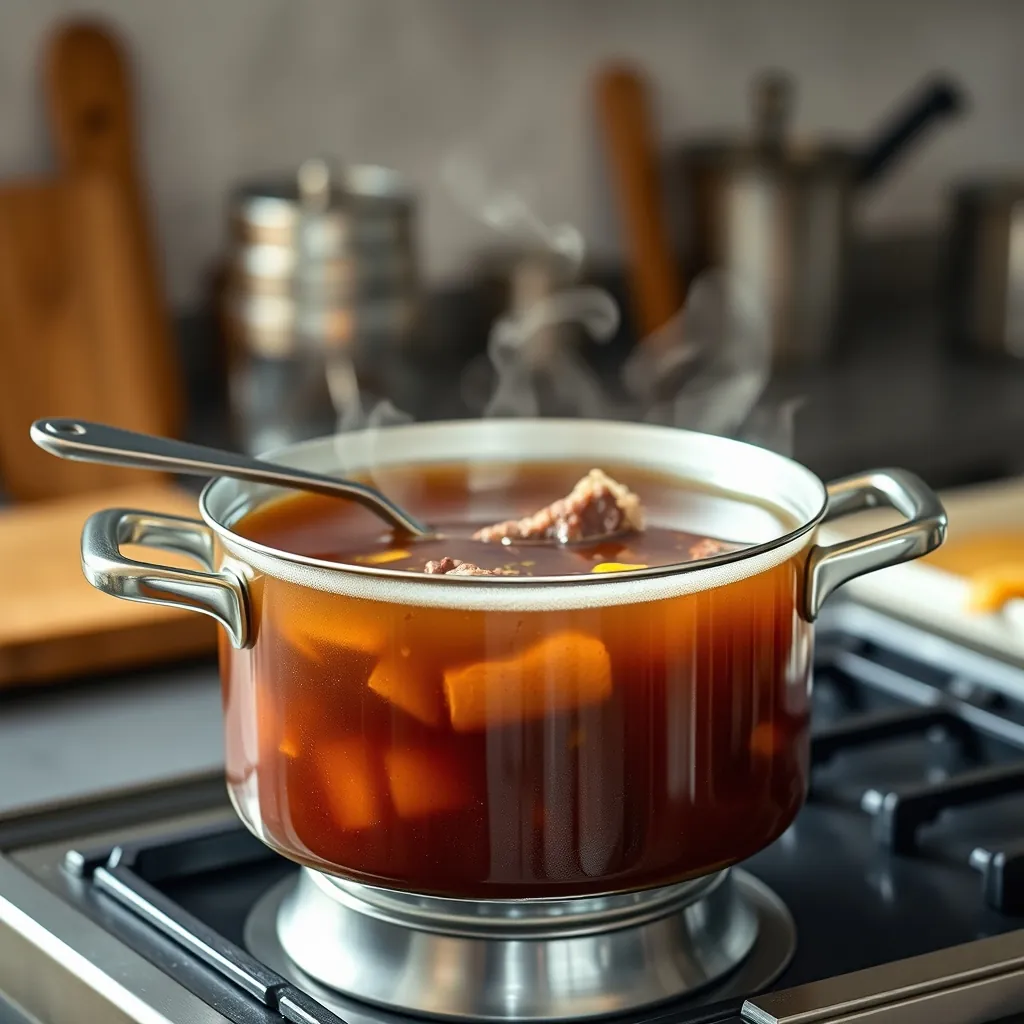 Nồi nước dùng ninh xương bò ở lửa nhỏ liu riu, nước trong veo và hơi nước bốc lên nghi ngút Nồi nước dùng ninh xương bò ở lửa nhỏ liu riu, nước trong veo và hơi nước bốc lên nghi ngút