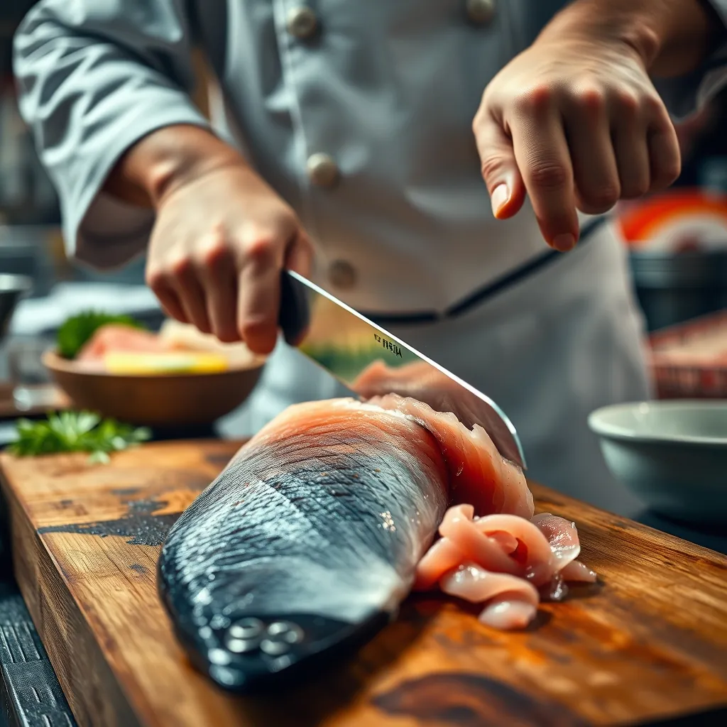 柳刃包丁で魚を引くように切る職人の手元