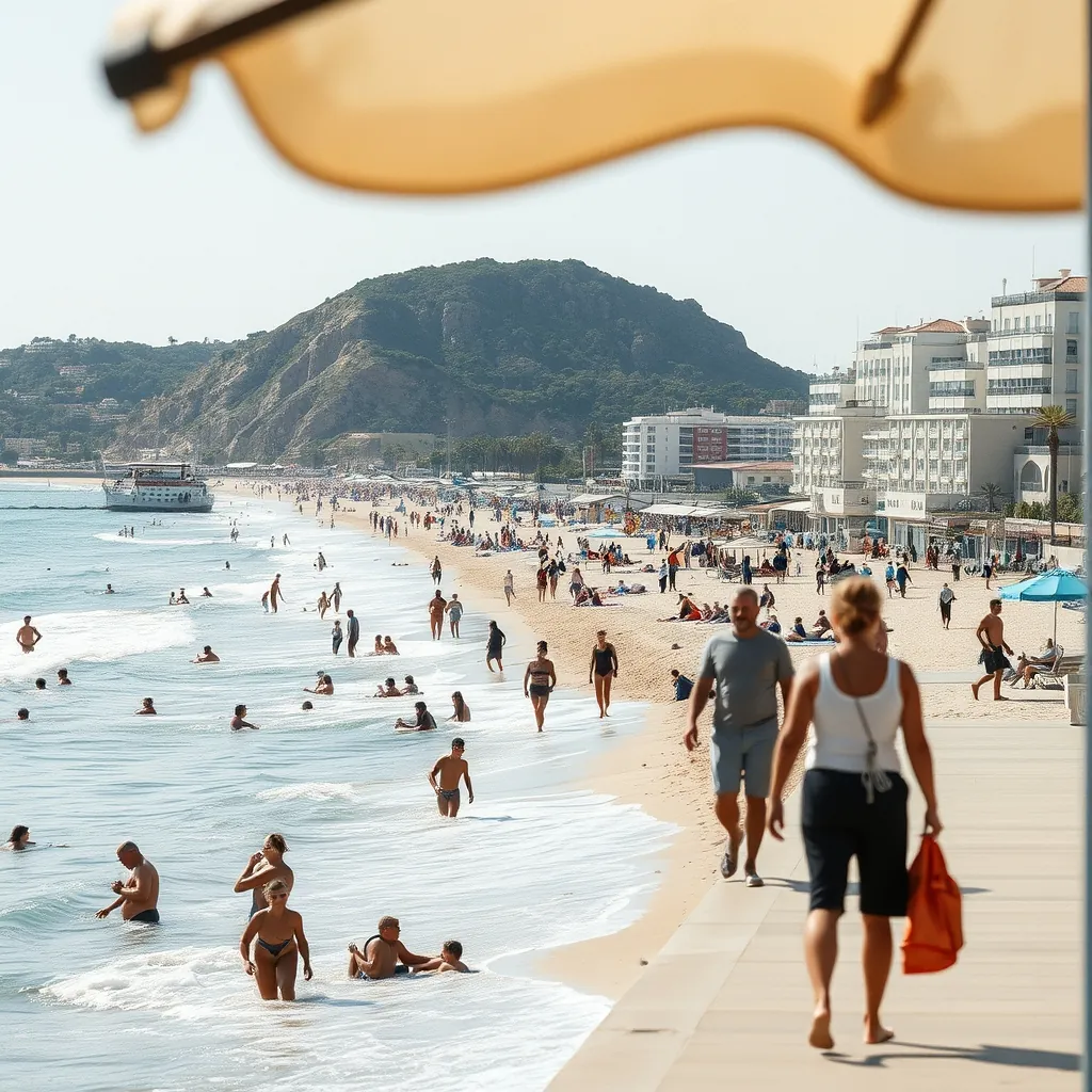 Una vista animada de la playa de la Victoria en Cádiz con locales disfrutando del día Locals enjoying day