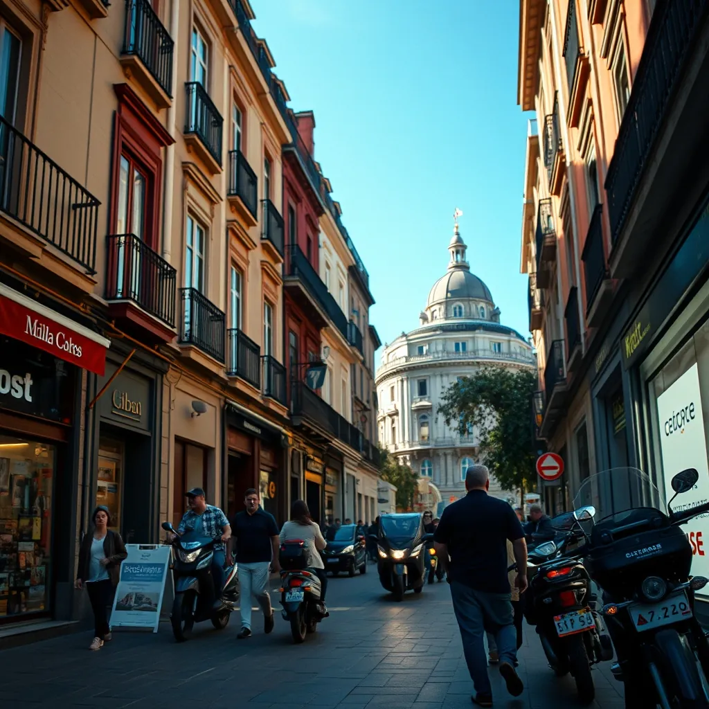 Escena vibrante en una calle de Madrid mostrando cultura y arquitectura