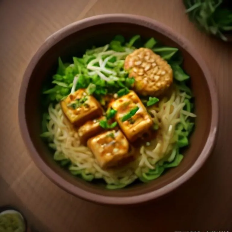 Mâm bún chả chay thanh đạm với chả nấm và đậu phụ nướng, bún tươi, rau sống và bát nước chấm chay Mâm bún chả chay thanh đạm với chả nấm và đậu phụ nướng, bún tươi, rau sống và bát nước chấm chay