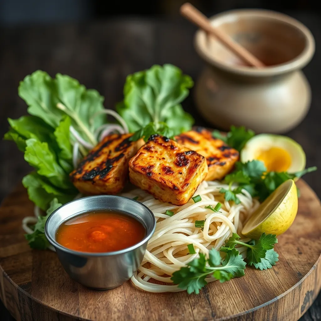 Mâm bún chả chay thanh đạm với chả nấm và đậu phụ nướng vàng, bún tươi, rau sống và nước chấm chay hấp dẫn Mâm bún chả chay thanh đạm với chả nấm và đậu phụ nướng vàng, bún tươi, rau sống và nước chấm chay hấp dẫn