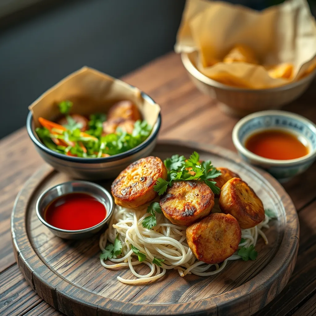 Mâm bún chả chay với chả nấm và đậu hũ nướng vàng ươm, bún tươi, rau sống và nước chấm chua ngọt bày trên bàn gỗ mộc mạc Mâm bún chả chay với chả nấm và đậu hũ nướng vàng ươm, bún tươi, rau sống và nước chấm chua ngọt bày trên bàn gỗ mộc mạc