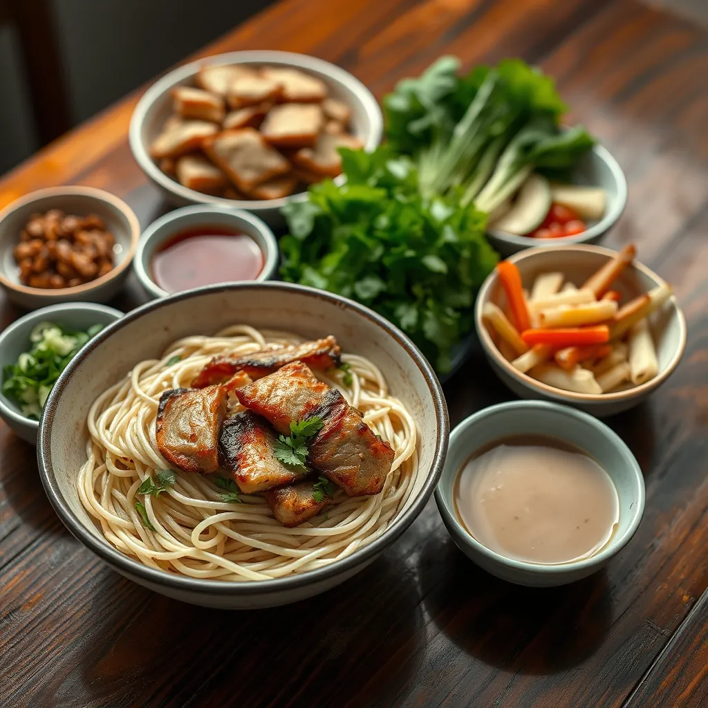 Mâm bún chả Hà Nội đầy đủ với bún tươi, chả nướng, rau sống, dưa góp và nước chấm được bày biện riêng biệt trên bàn gỗ Mâm bún chả Hà Nội đầy đủ với bún tươi, chả nướng, rau sống, dưa góp và nước chấm được bày biện riêng biệt trên bàn gỗ