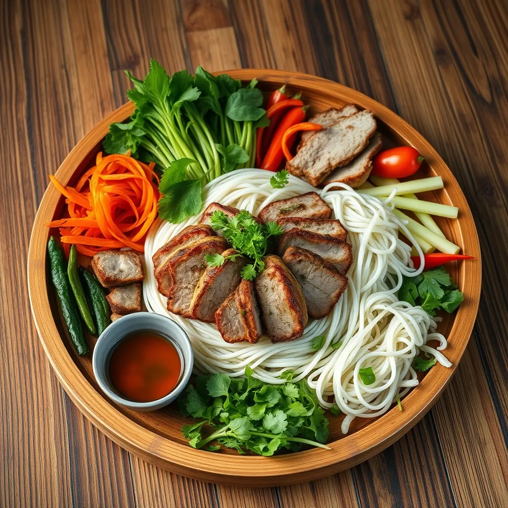 Mâm bún chả Hà Nội đầy đủ được bày trên khay gỗ tròn gồm bún rối, chả băm, chả miếng, rau sống, đồ chua và bát nước chấm chua ngọt Mâm bún chả Hà Nội đầy đủ được bày trên khay gỗ tròn gồm bún rối, chả băm, chả miếng, rau sống, đồ chua và bát nước chấm chua ngọt