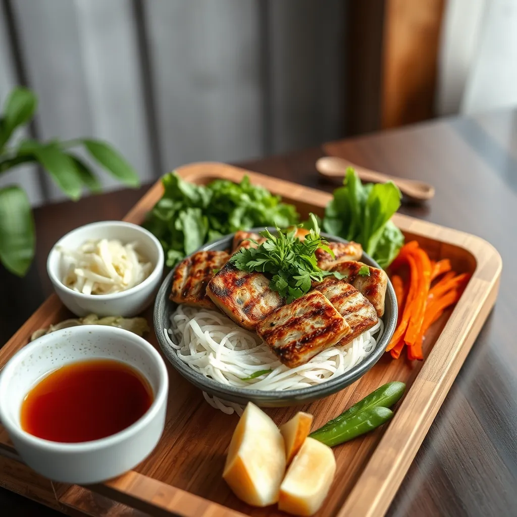 Mâm bún chả Hà Nội hoàn chỉnh với chả nướng, bún tươi, rau sống, dưa góp và nước chấm bày trên khay gỗ Mâm bún chả Hà Nội hoàn chỉnh với chả nướng, bún tươi, rau sống, dưa góp và nước chấm bày trên khay gỗ