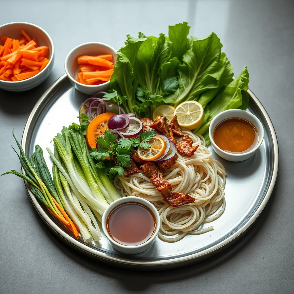Mâm bún chả Hà Nội đầy đủ thành phần: rau sống tươi, đồ chua, bún, chả nướng và nước chấm được bày trí hài hòa