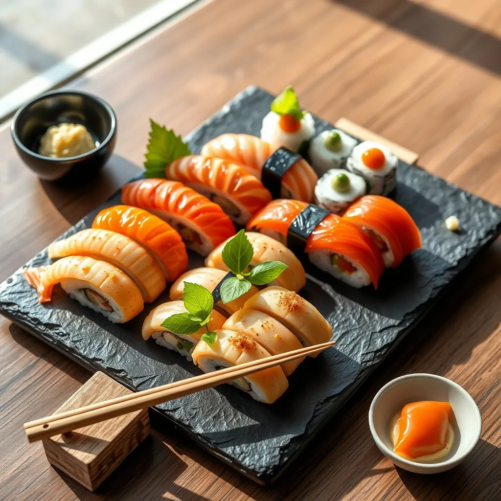 美しく盛り付けられた寿司の盛り合わせ。正しいマナーで味わえば、一皿の価値がさらに高まる 美しく盛り付けられた寿司の盛り合わせ。正しいマナーで味わえば、一皿の価値がさらに高まる