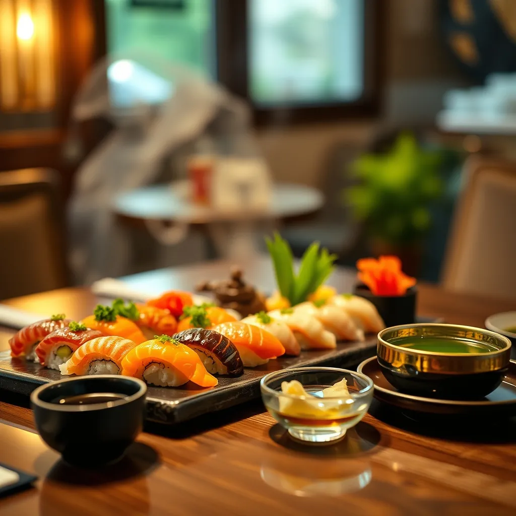 美しく盛り付けられた寿司とお茶の食卓